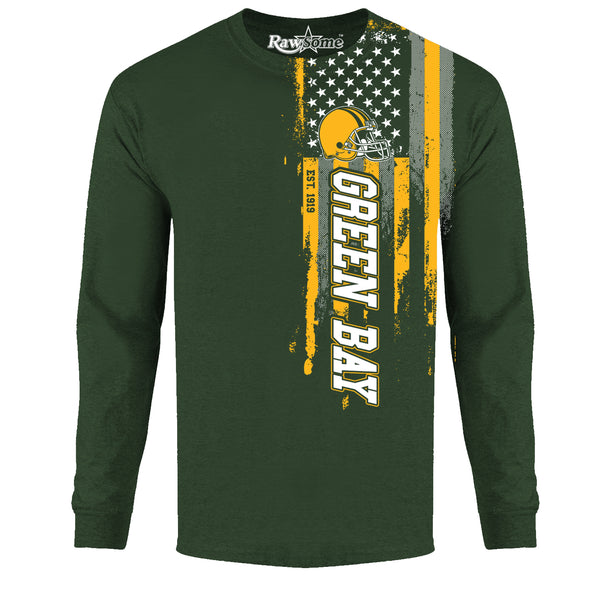 Men Football USA Flag Long Sleeve Shirt - Green Bay