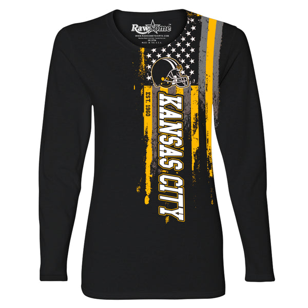 Women Football USA Flag Black Long Sleeve Shirt - Kansas City