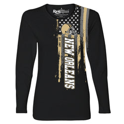 Women Football USA Flag Black Long Sleeve Shirt - New Orleans