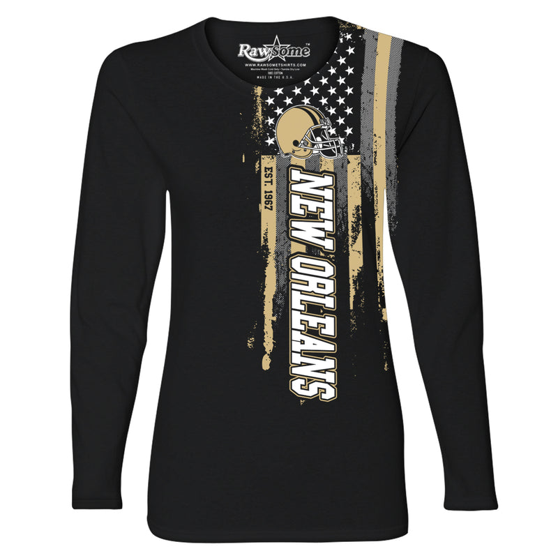 Women Football USA Flag Black Long Sleeve Shirt - New Orleans