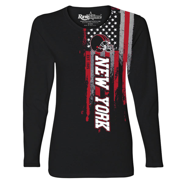 Women Football USA Flag Black Long Sleeve Shirt - New York