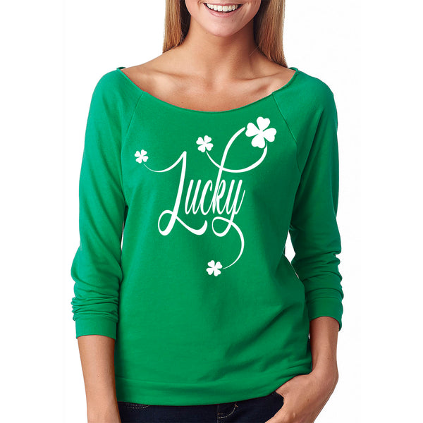 Women's St. Patrick's Day Lucky French Terry Off The Shoulder 3/4 Top - Lucky