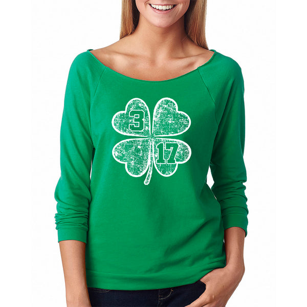 Women's St. Patrick's Day Lucky French Terry Off The Shoulder 3/4 Top - Clover 3 17