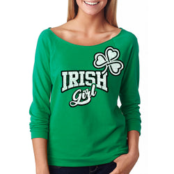 Women's St. Patrick's Day Lucky French Terry Off The Shoulder 3/4 Top - Irish Girl