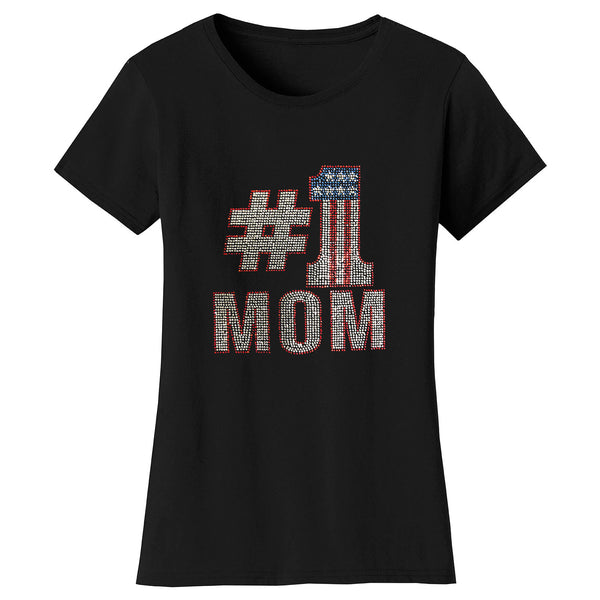Women's Mother's Day Rhinestone Bling T-shirts - No 1 Mom