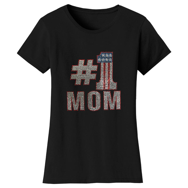 Women's Mother's Day Rhinestone Bling T-shirts - No 1 Mom