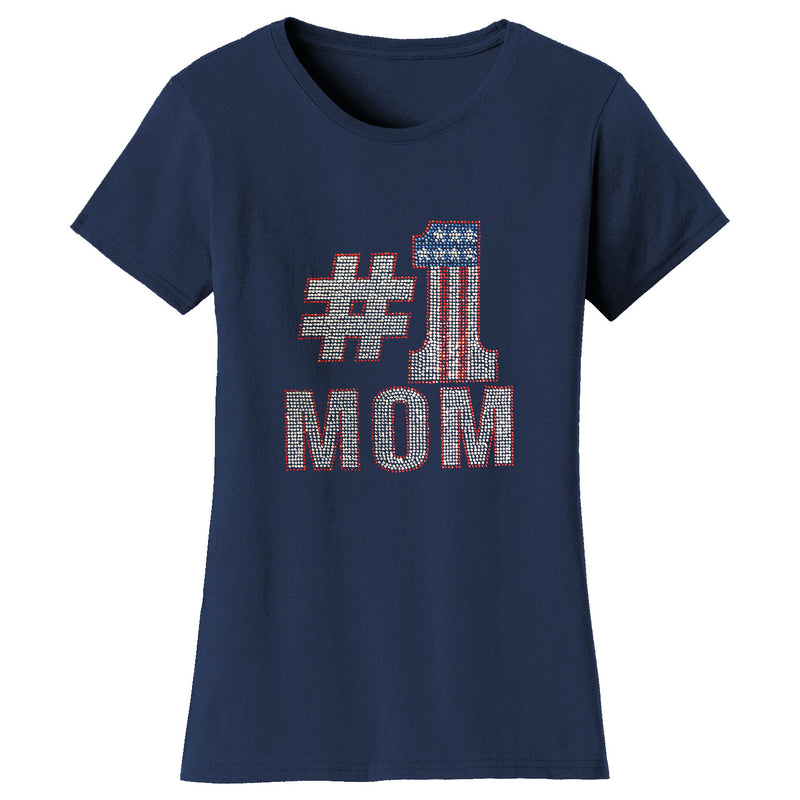 Women's Mother's Day Rhinestone Bling T-shirts - No 1 Mom
